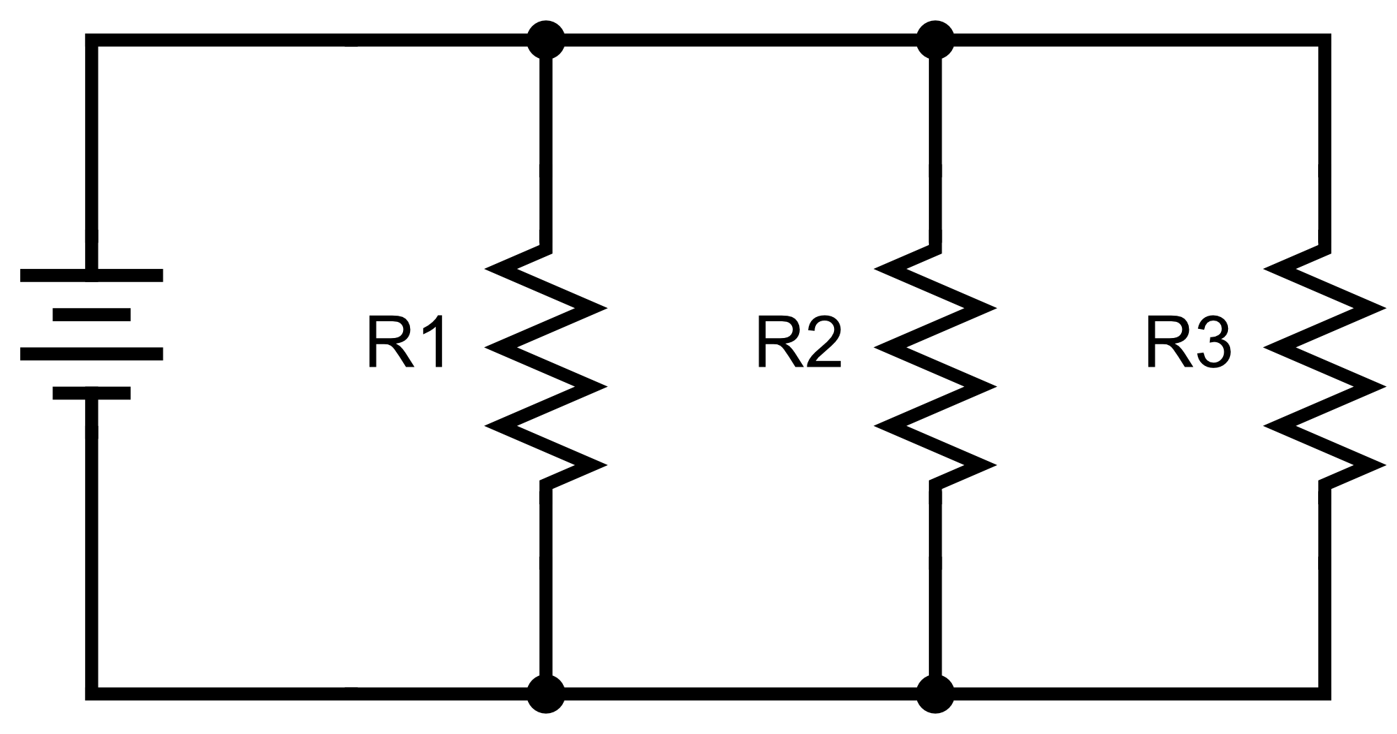 Parallel circuit schematic: battery connected to R1, R2, and R3 each across the same two shared nodes
