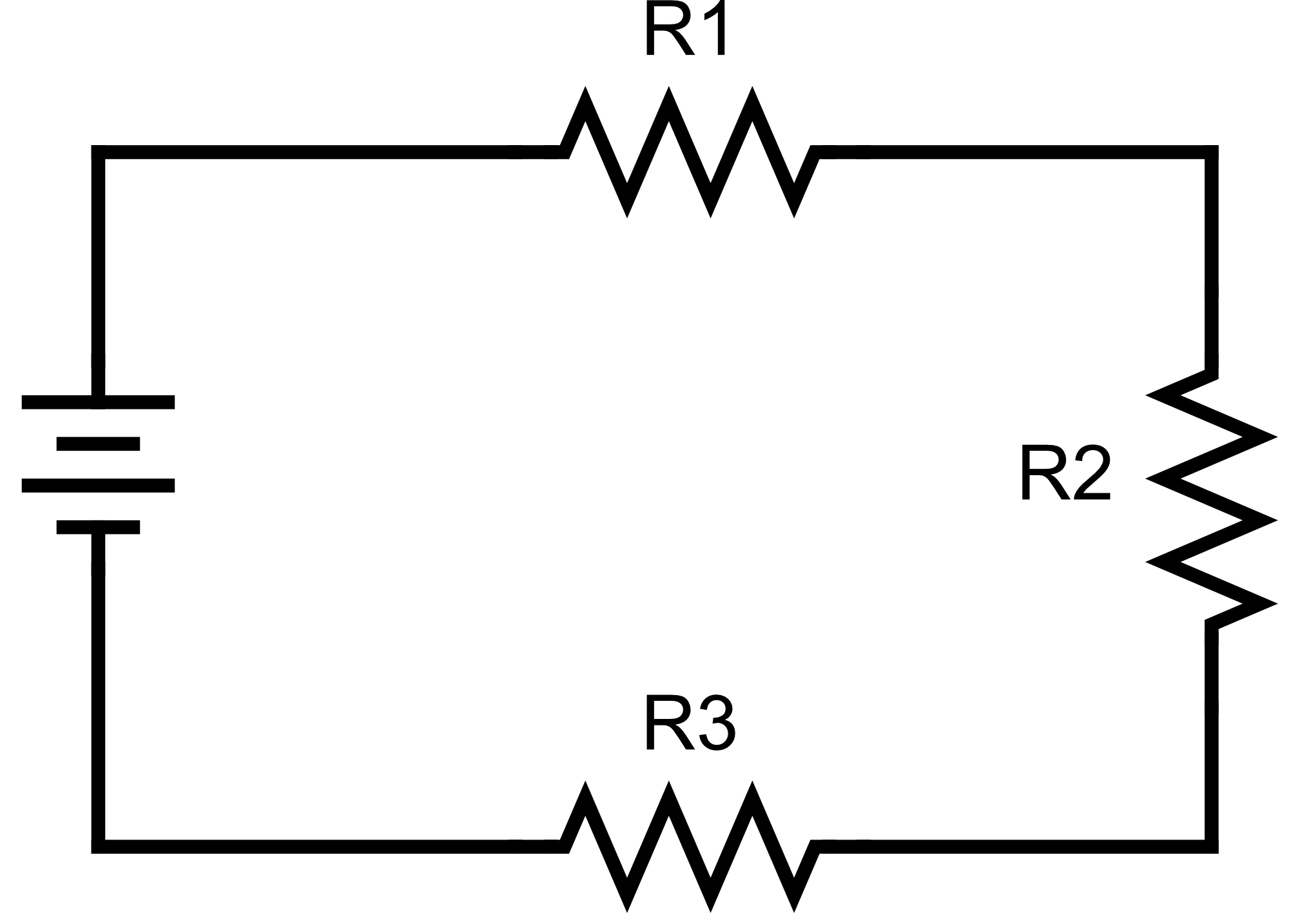 Series circuit schematic: battery connected to R1, R2, and R3 one after another along a single path