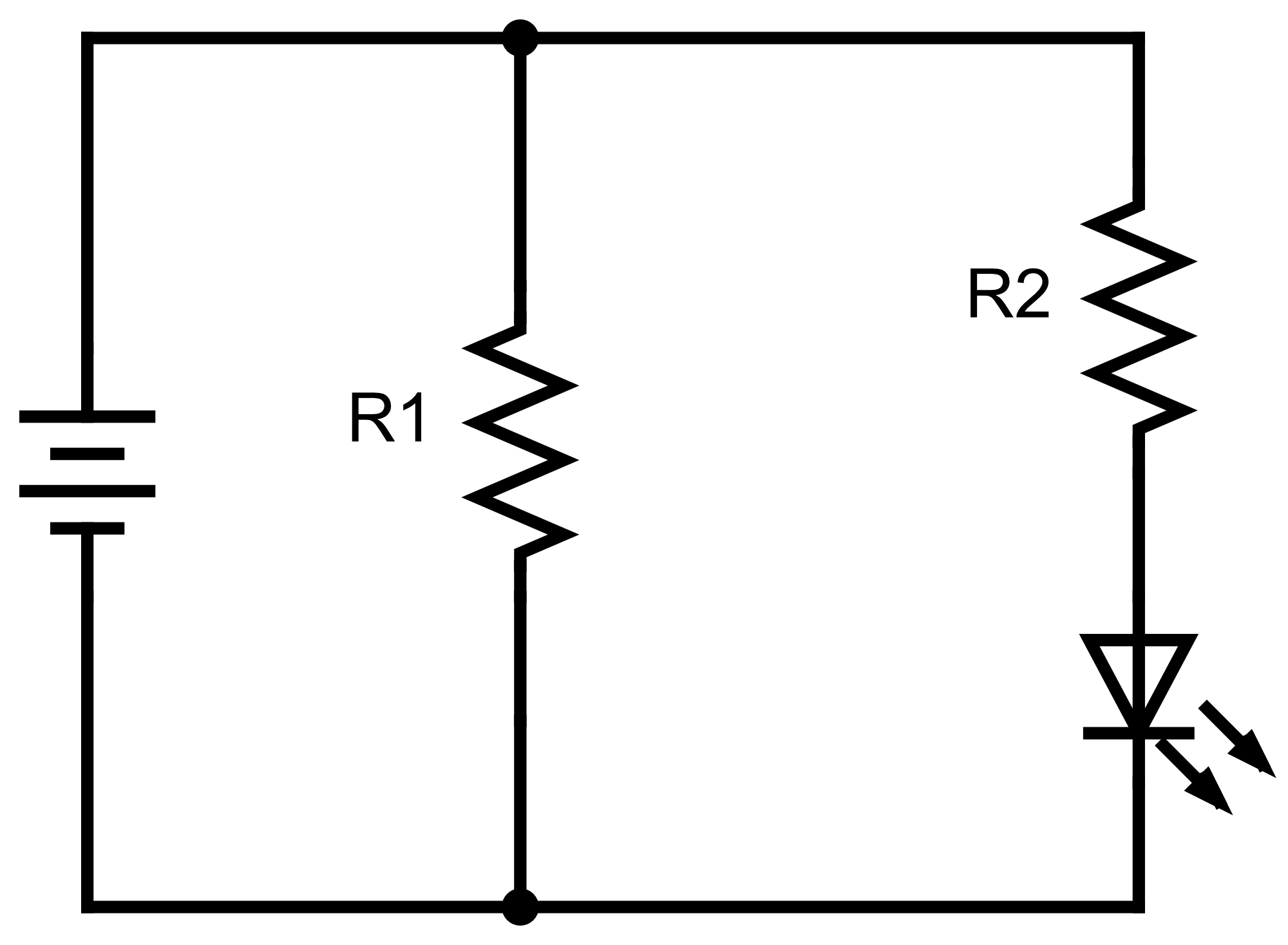 Task 3.2 schematic: battery with one branch through R1, and a parallel branch through R2 into the LED