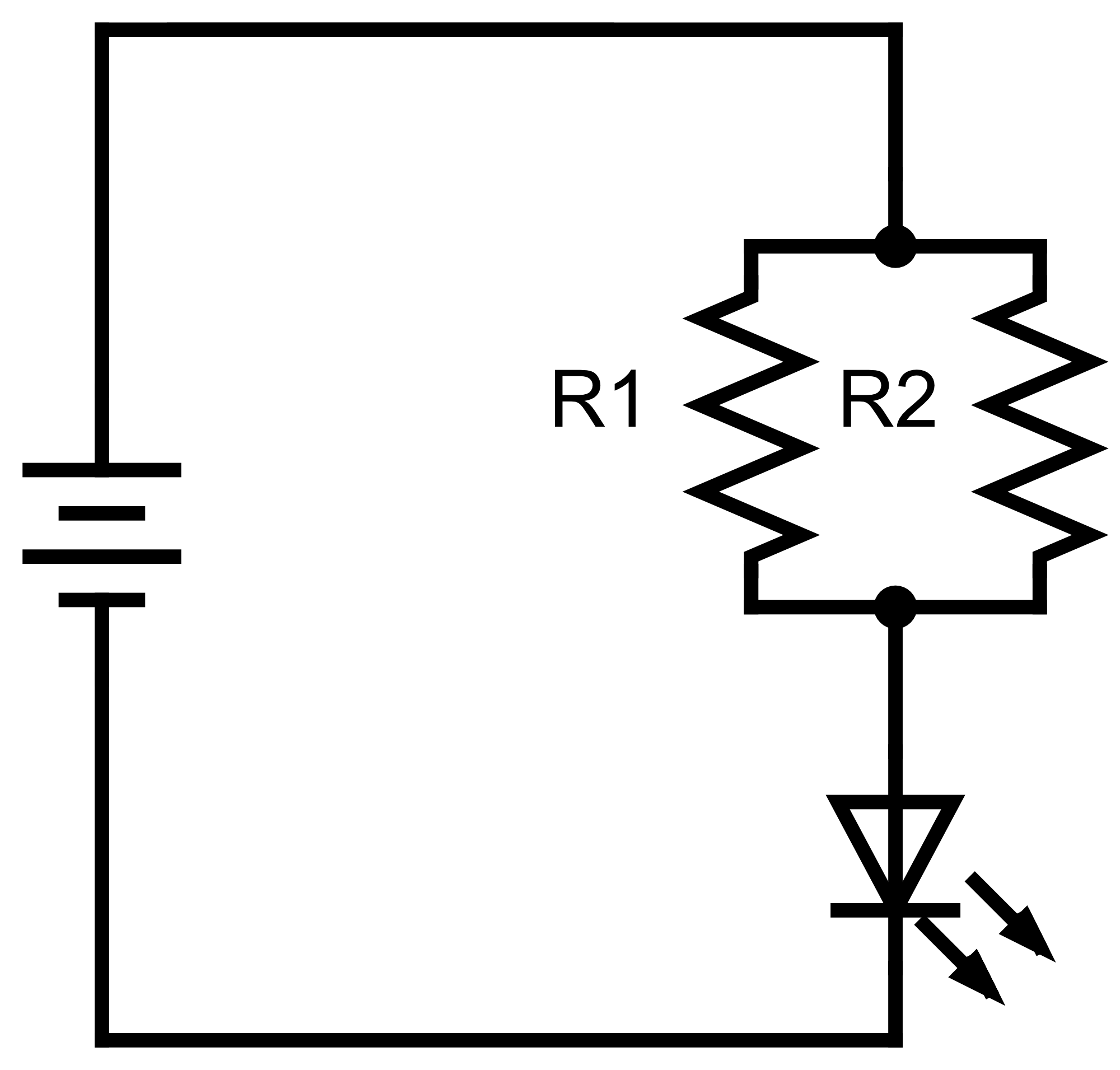 Task 3.3 schematic: battery with one branch through R1, and a parallel branch through R2 and R3 into the LED