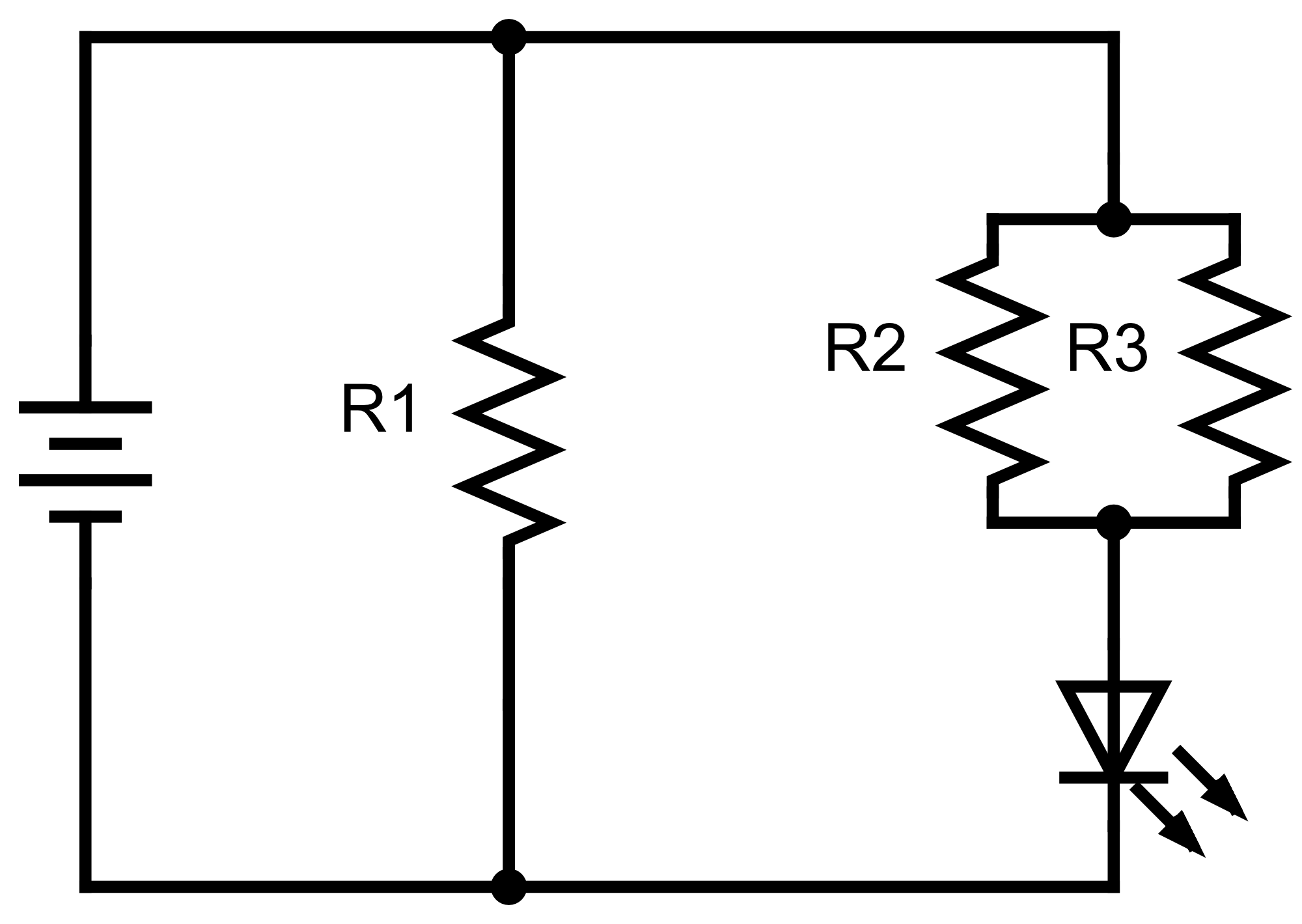 Task 3.4 schematic: battery with one branch through R1, and a parallel branch combining R2 and R3 in parallel with each other, feeding into the LED